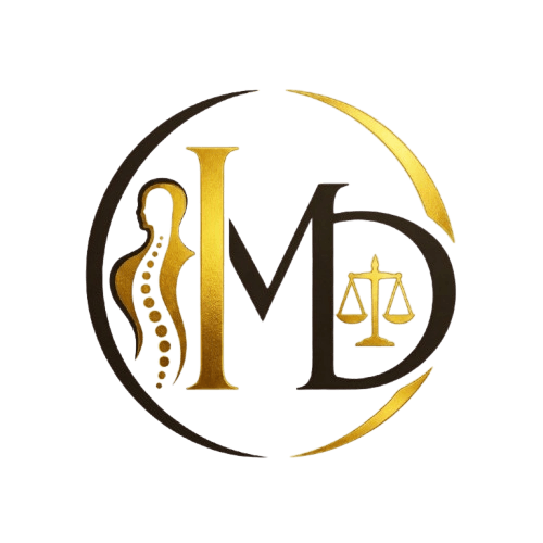 Un logo de "MD" con un escudo de justicia y un símbolo médico.