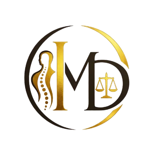 Un logo de "MD" con un escudo de justicia y un símbolo médico.